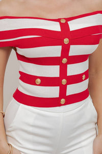 Marins Striped Off-Shoulder Gold Button Knit Top