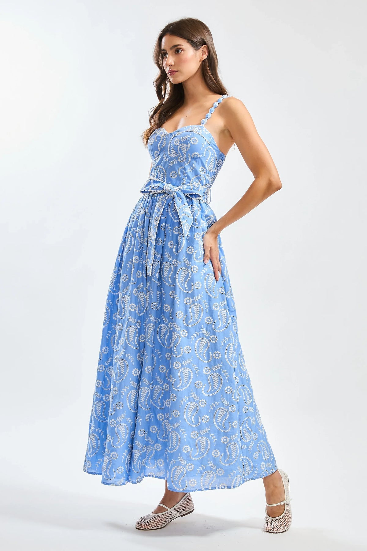 Paisley Embroidered Blue Midi Dress with Belt – Wedding Guest