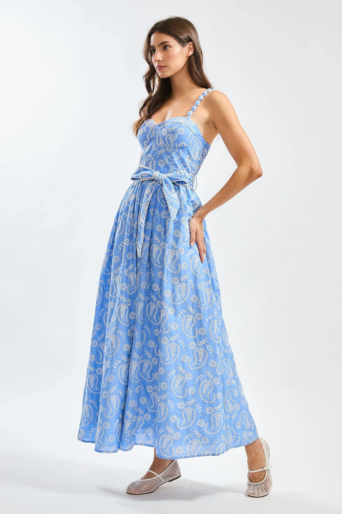Paisley Embroidered Blue Midi Sundress With Belt