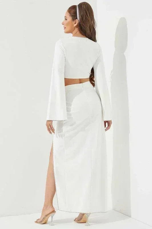 Knit long  top with rhinestone deatil and maxi skirt with rhinestone detail - PRIVILEGE 
