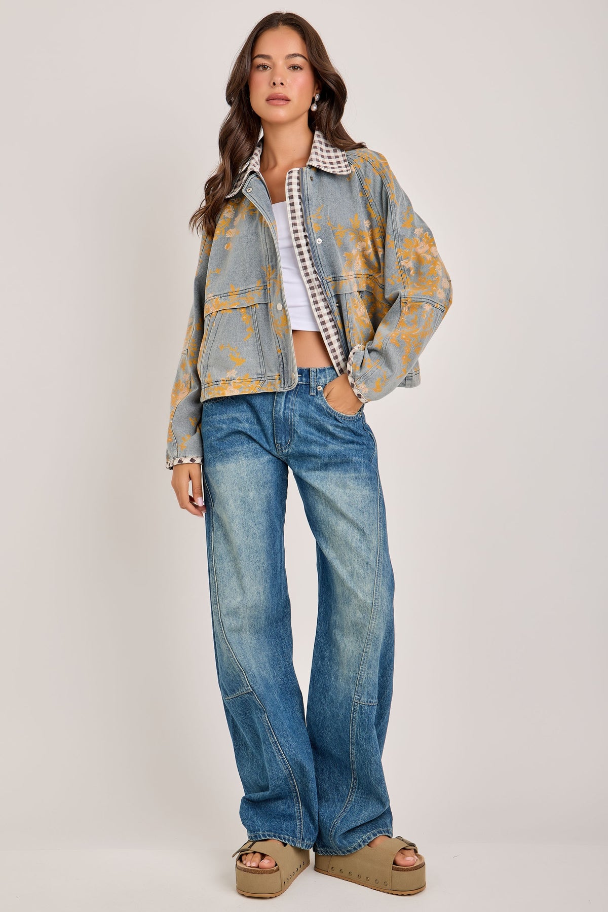 Layla Vintage Floral Denim Barn Jacket with Gingham Collar