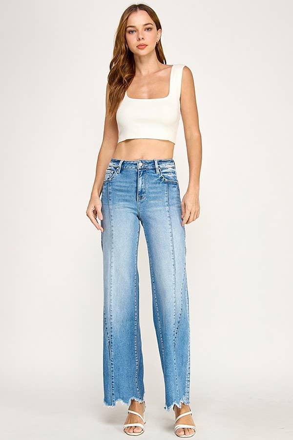 Super Stretch High Rise Wide Leg Jeans with Seam Detail — Light Wash