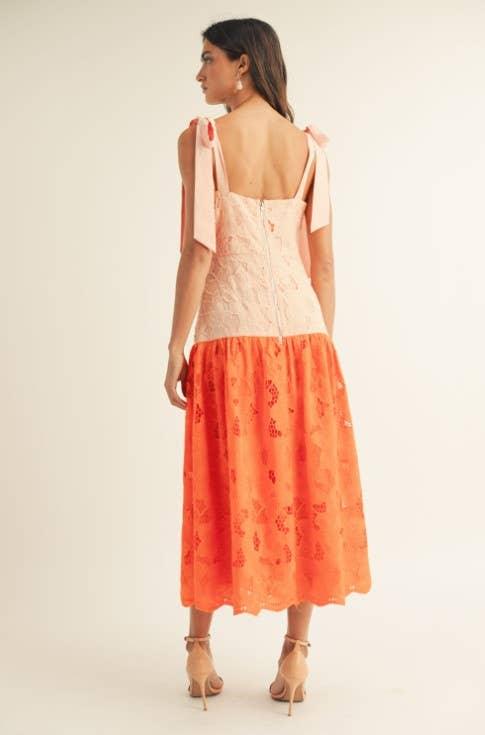 Shoulder Tie Ruffle Bottom Color Block Midi Dress