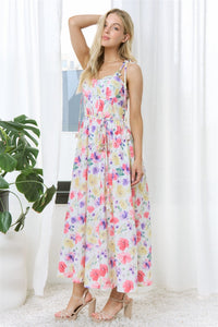 FLORAL PRINT CORSET MIDI DRESS WITH TIE STRAPS