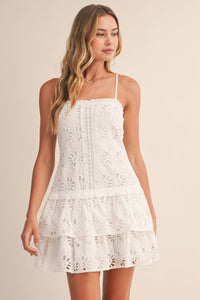 FLORAL EYELET DROPWAIST TIERED MINI DRESS
