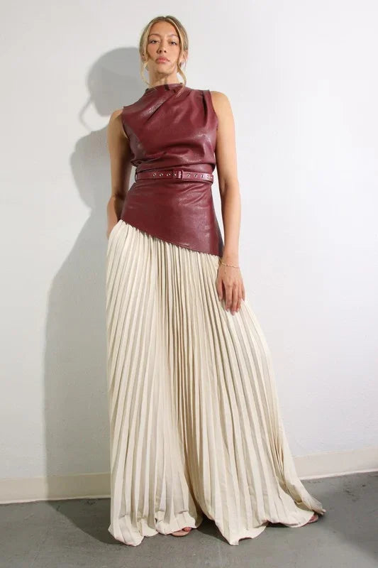 Leather Pleats Contrast Skirt Set