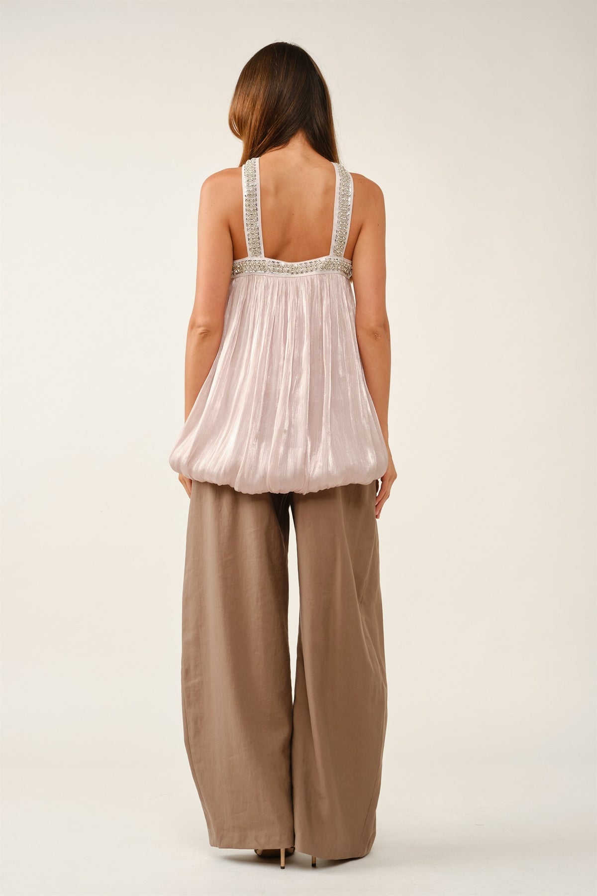 Sequin Criss-cross Pleated Bubble Blouse