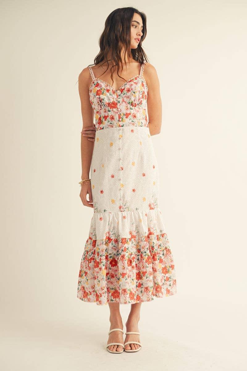 Eyelet Detailed Floral Border Print Midi Dress