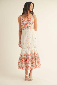 Eyelet Detailed Floral Border Print Midi Dress