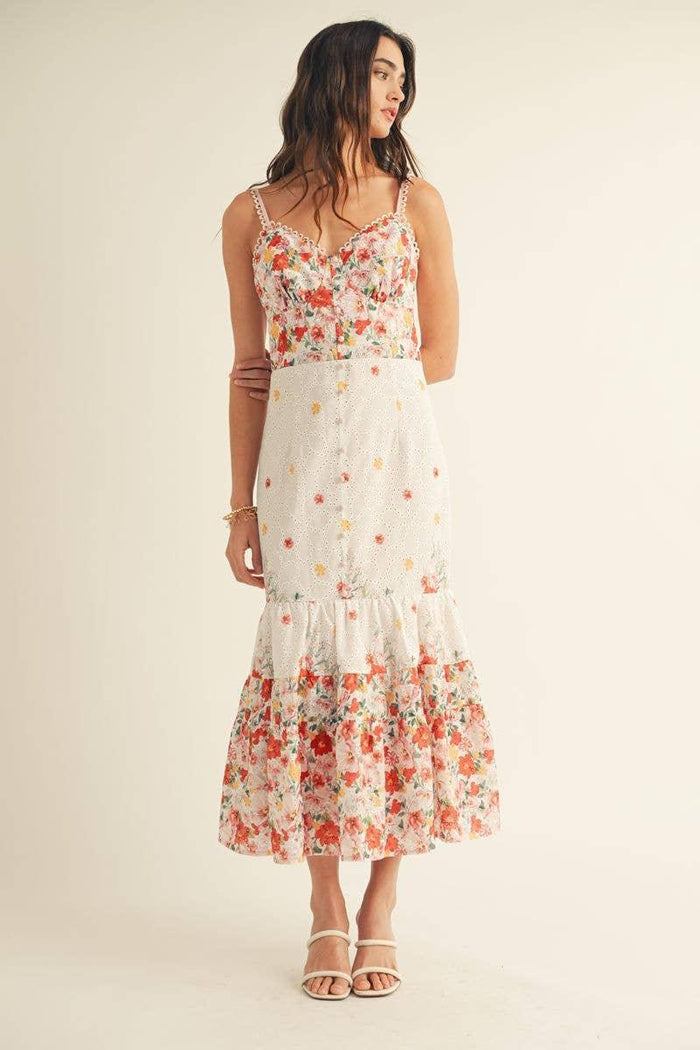 Eyelet Detailed Floral Border Print Midi Dress