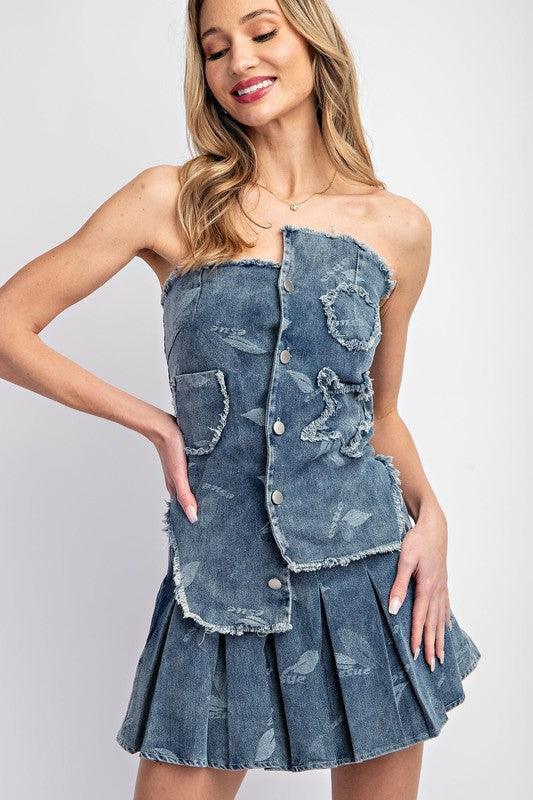 2PC PATCHWORK DENIM SKIRT SET - PRIVILEGE 