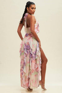 VINTAGE PRINT HALTER RUFFLE MAXI DRESS - PRIVILEGE 