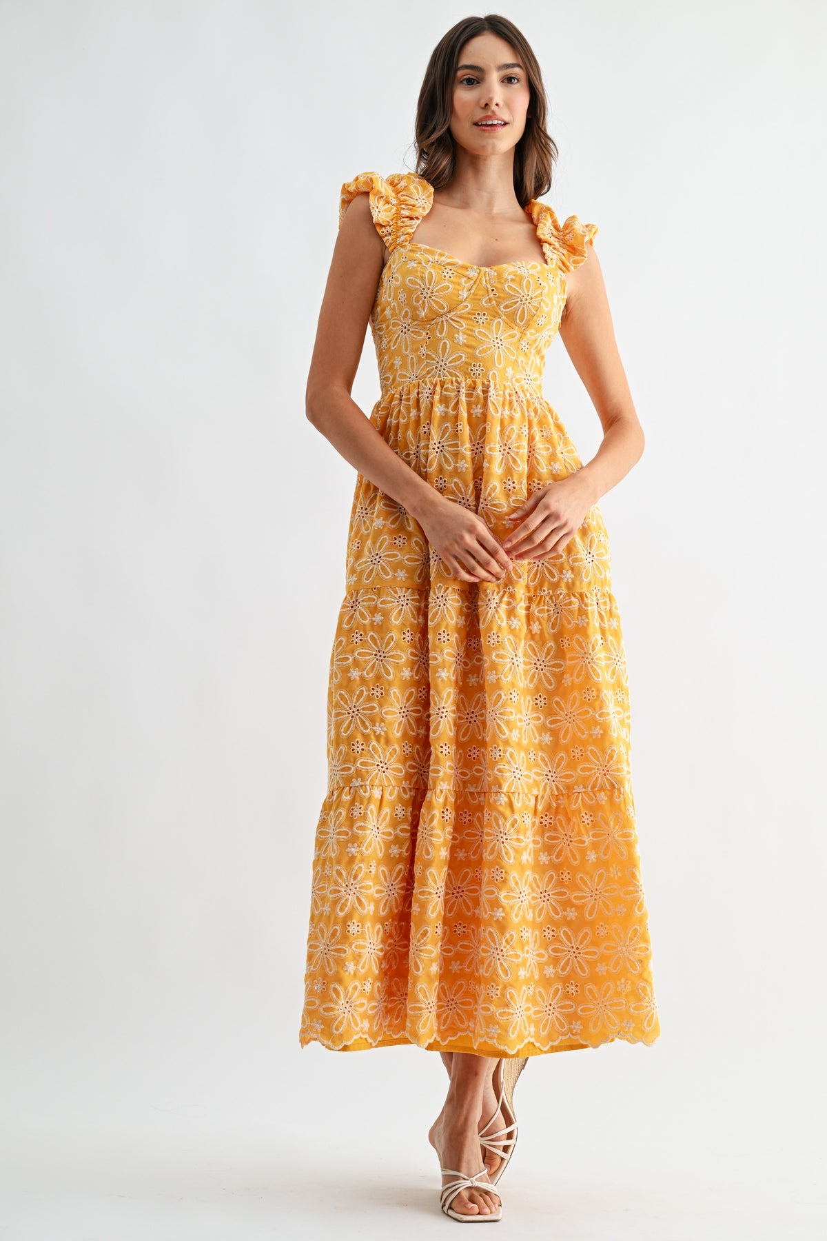 Floral Embroidered Midi Dress With Ruffle Sleeves