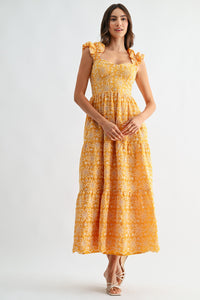 Floral Embroidered Midi Dress With Ruffle Sleeves