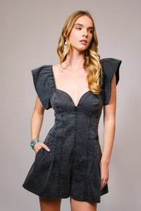 SWEETHEART RUFFLE SLEEVE DENIM ROMPER