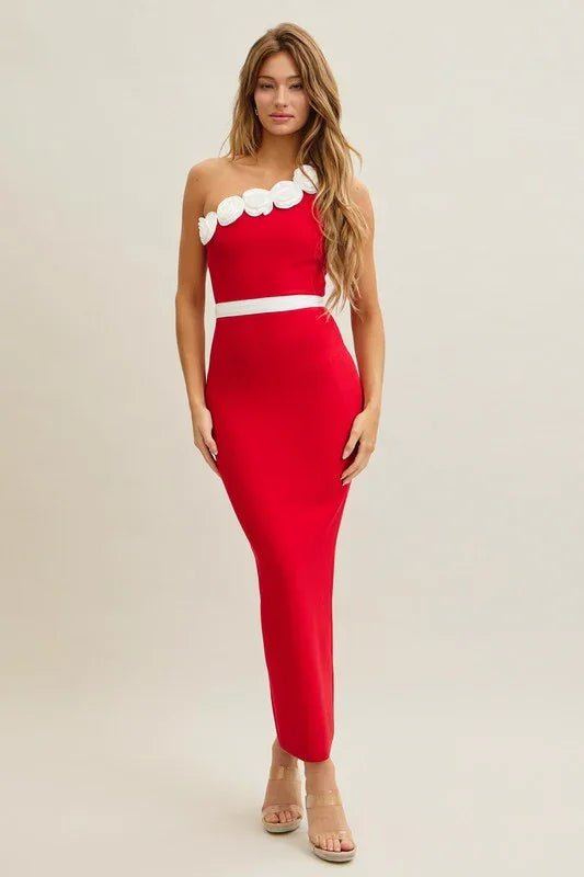 Rosette One-shoulder Midi Bandage Dress PRIVILEGE