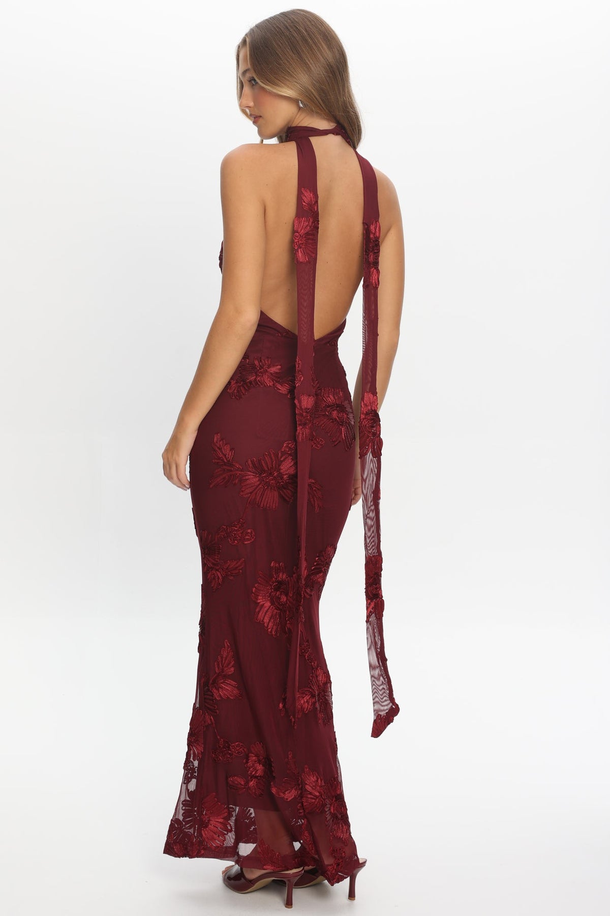 Bells Wine Floral Halter Mermaid Maxi Dress