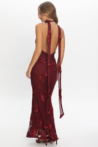 Bells Wine Floral Halter Mermaid Maxi Dress