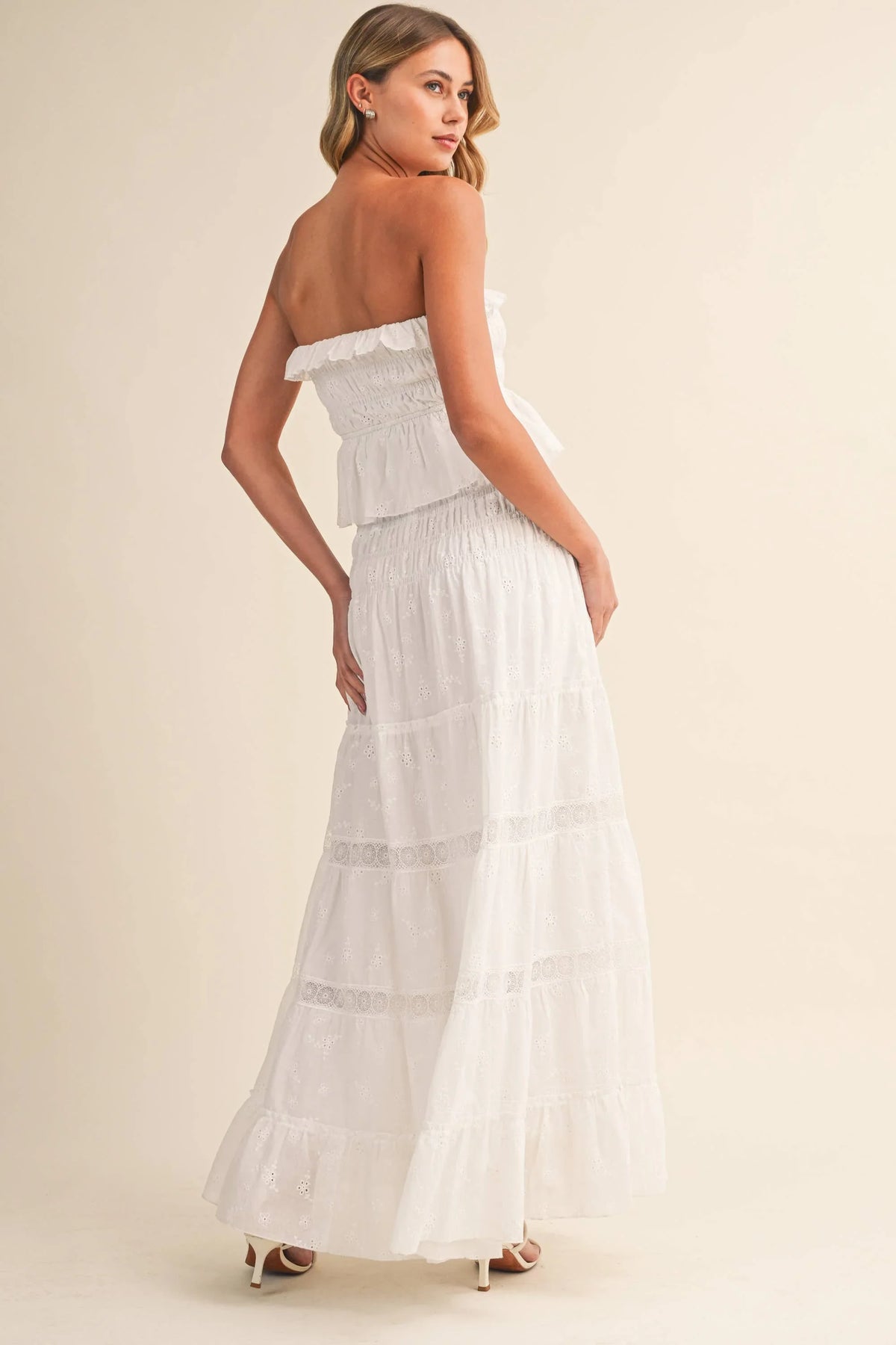 Strapless Eyelet Tiered Maxi Dress with Smocked Bodice