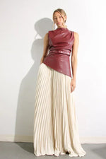 Leather Pleats Contrast Skirt Set