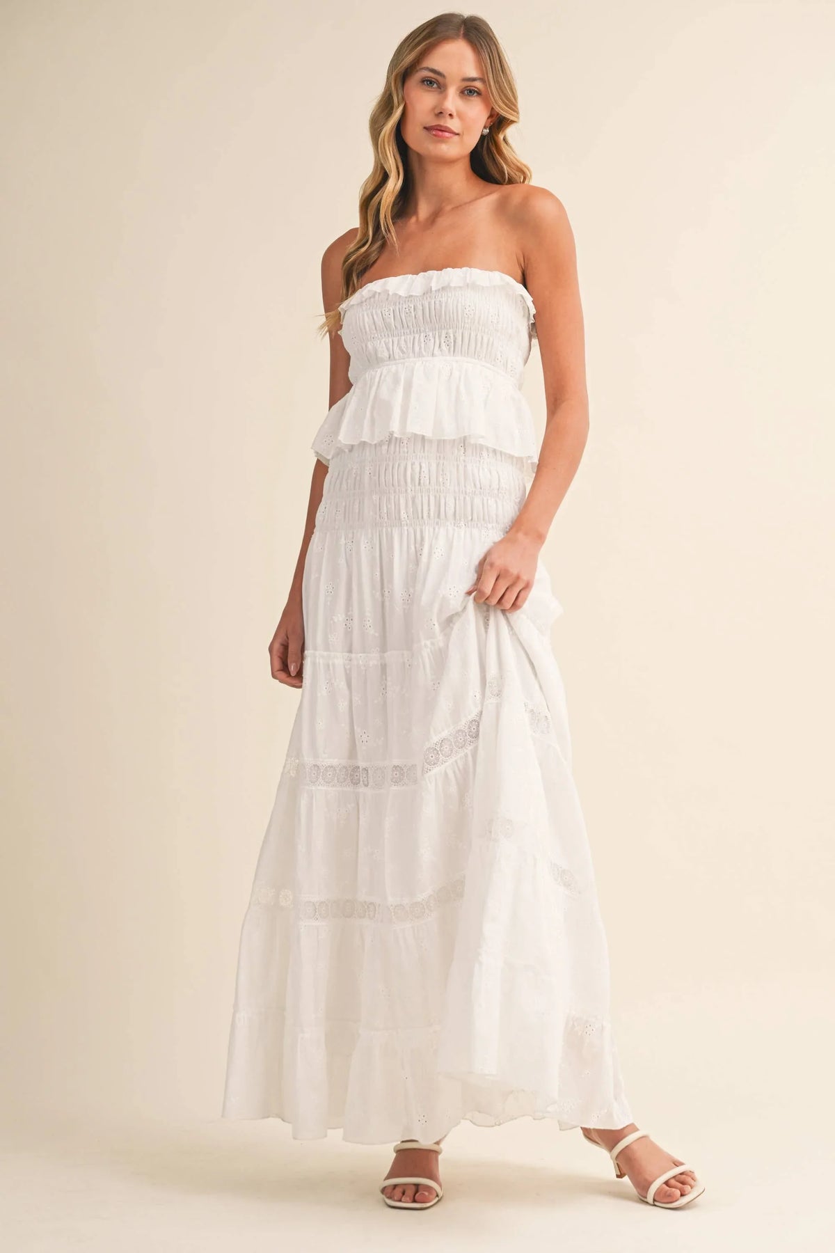 Strapless Eyelet Tiered Maxi Dress with Smocked Bodice