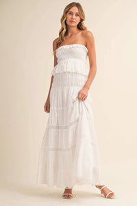 Strapless Eyelet Tiered Maxi Dress with Smocked Bodice
