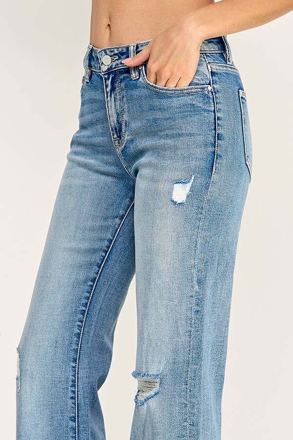 Mid Rise Vintage Flare Jeans with Cuffed Hem — Light Wash