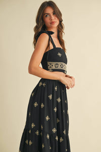 Boho Embroidered Crop Top & Tiered Midi Skirt Set