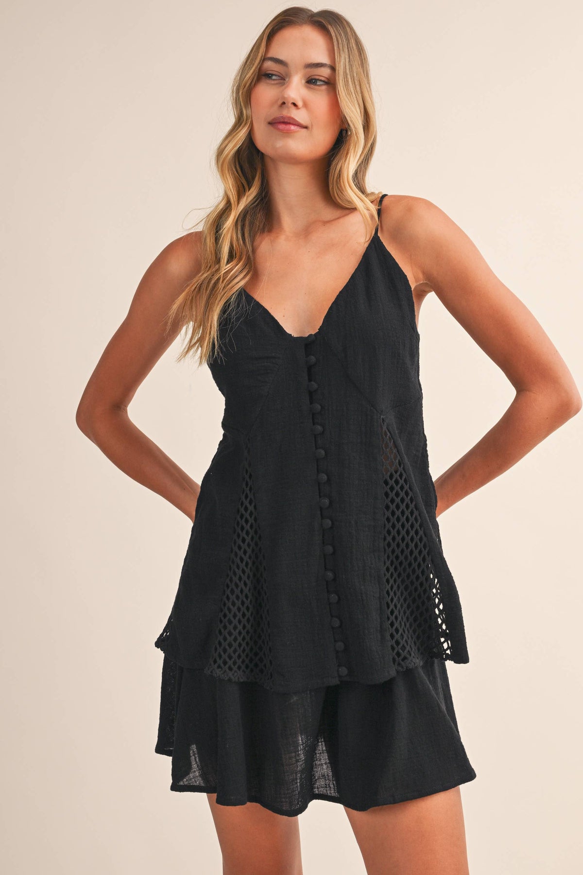 LINEN LAYERED TWO PIECE SET WITH FISHNET