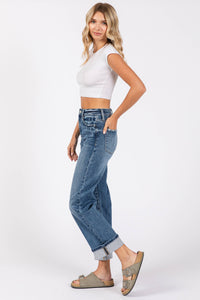 High Rise Stretch Relaxed Straight Jeans with Cuffed Hem