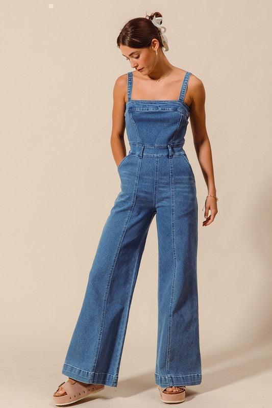 WIDE LEG BOOTCUT DENIM JUMPSUIT WITH BACK ZIPPER PRIVILEGE