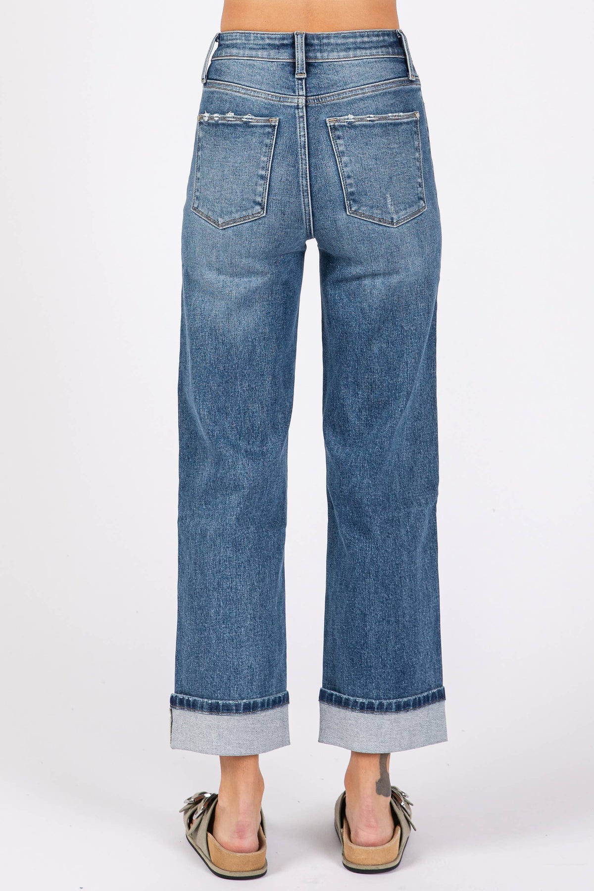 High Rise Stretch Relaxed Straight Jeans with Cuffed Hem