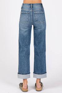 High Rise Stretch Relaxed Straight Jeans with Cuffed Hem