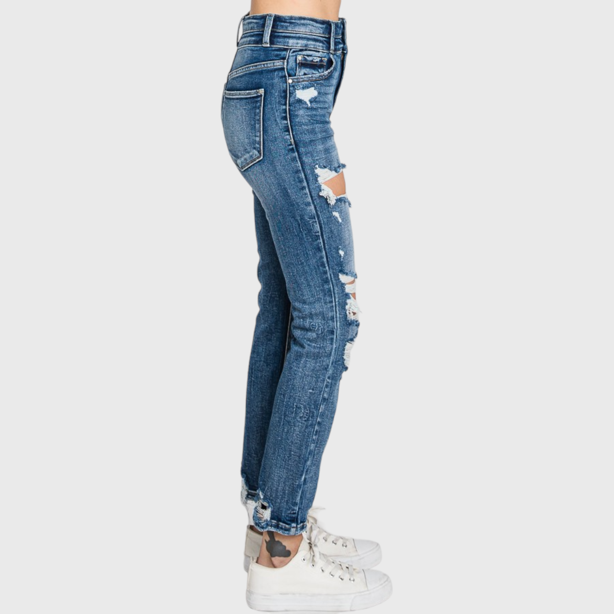 Destroyed Super High Rise Slim Straight Jeans — Medium Wash