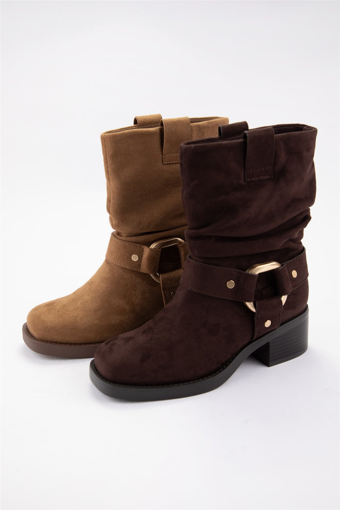 Slouchy Harness Ring Block-Heel Short Boots