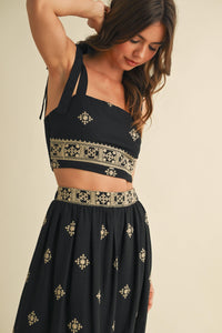 Boho Embroidered Crop Top & Tiered Midi Skirt Set