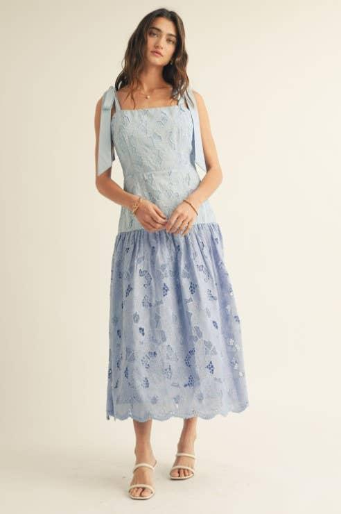 Shoulder Tie Ruffle Bottom Color Block Midi Dress