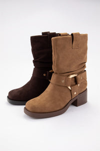 Slouchy Harness Ring Block-Heel Short Boots