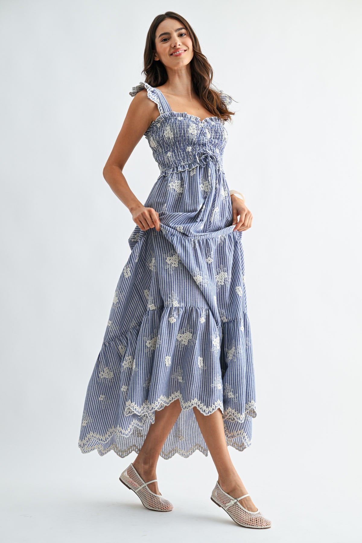 Embroidered Striped Maxi Dress with Ruffle Straps