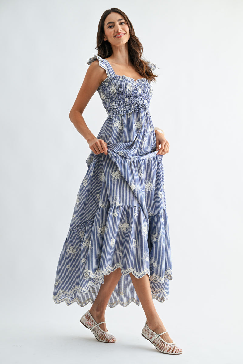 Embroidered Striped Maxi Dress with Ruffle Straps | PRIVILEGE  PRIVILEGE