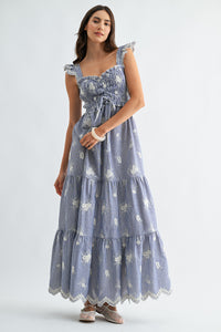 Embroidered Striped Maxi Dress with Ruffle Straps
