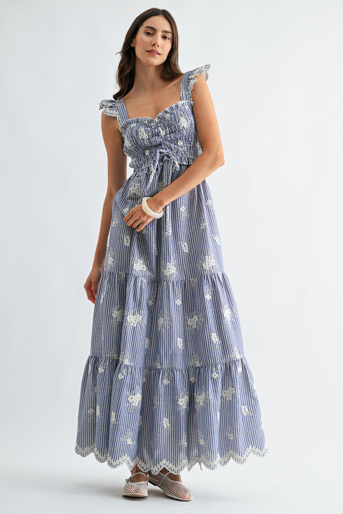 Embroidered Striped Maxi Dress with Ruffle Straps