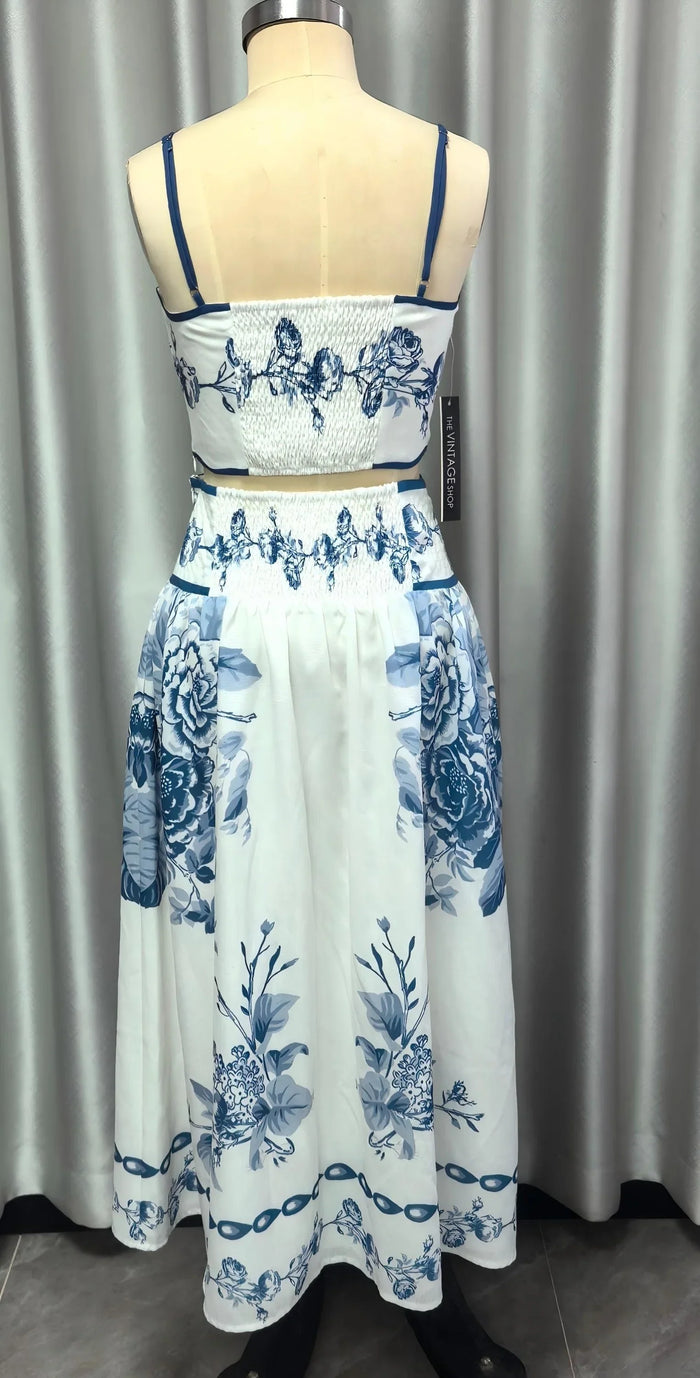 Linen Straps Smocking Top Maxi Pockets Skirt
