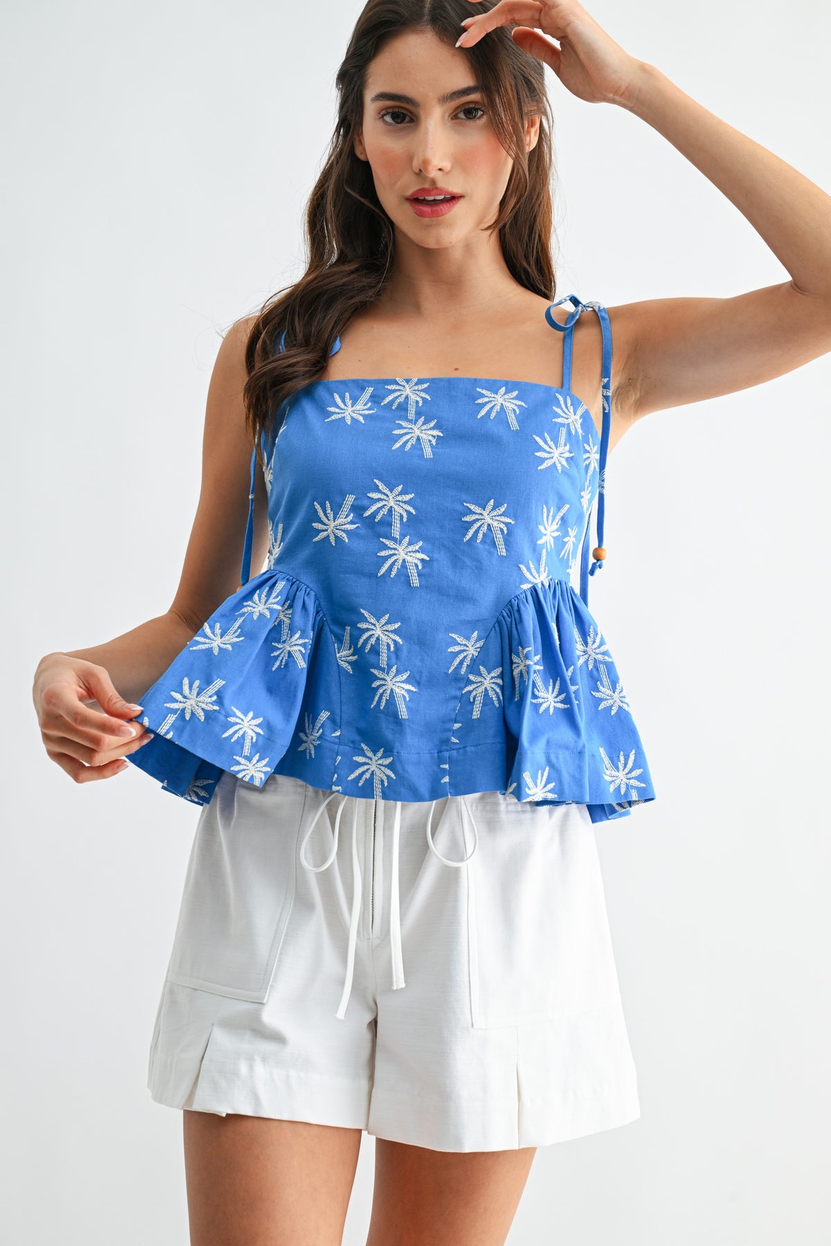 Embroidered Palm-detail Cotton Peplum Top