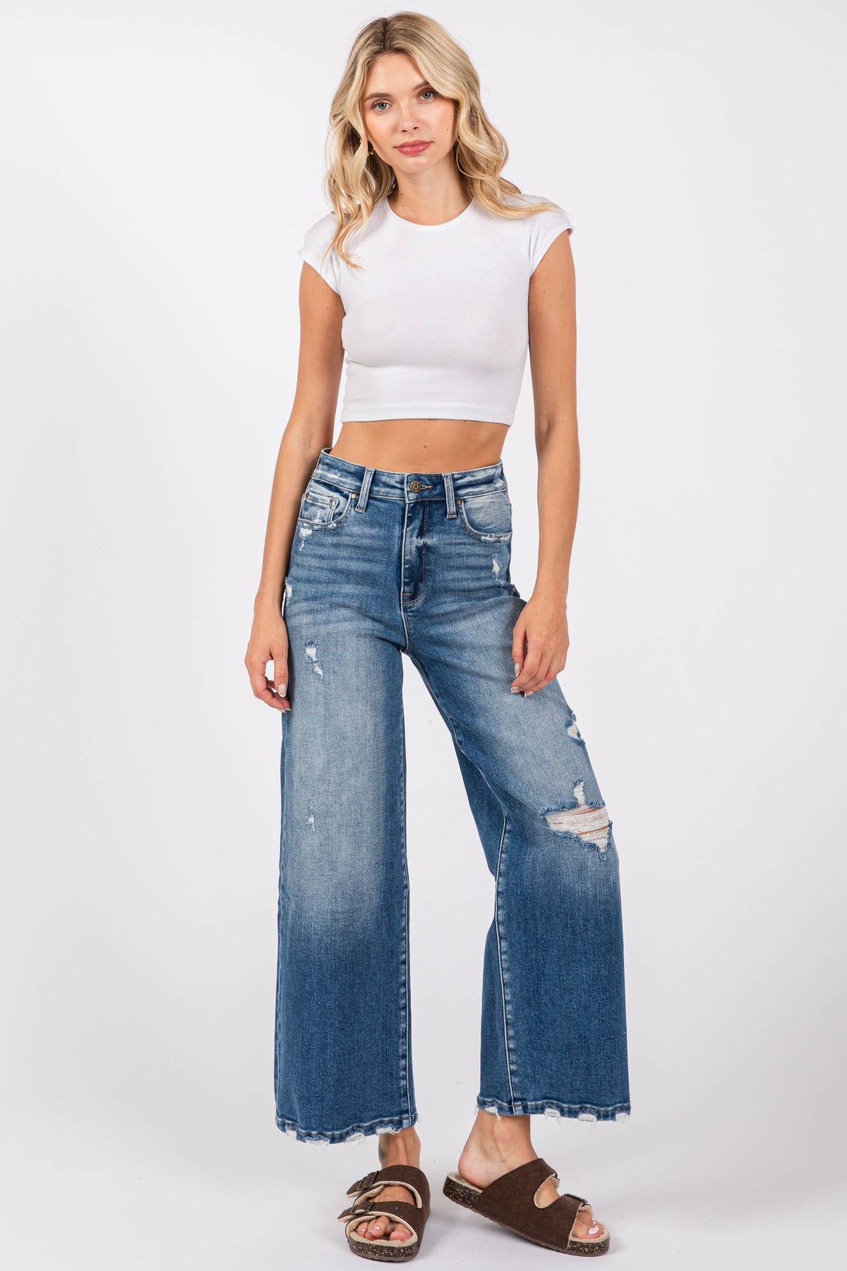 Wide Destroyed High Rise Relaxed Cropped Wide Leg Jeans