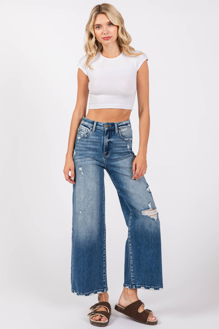 Wide Destroyed High Rise Relaxed Cropped Wide Leg Jeans