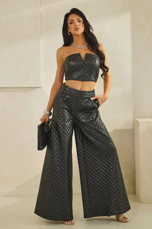 Quilted Palazzo Pants Set - Faux Leather 2 Piece
