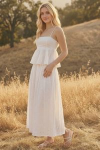 EYELET PEPLUM CAMI AND PLEATED FLARE MIDI SKIRT