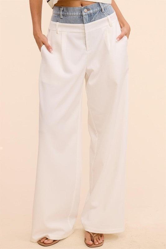 DENIM WAISTBAND SOLID WIDE LEG TROUSER PANT PRIVILEGE