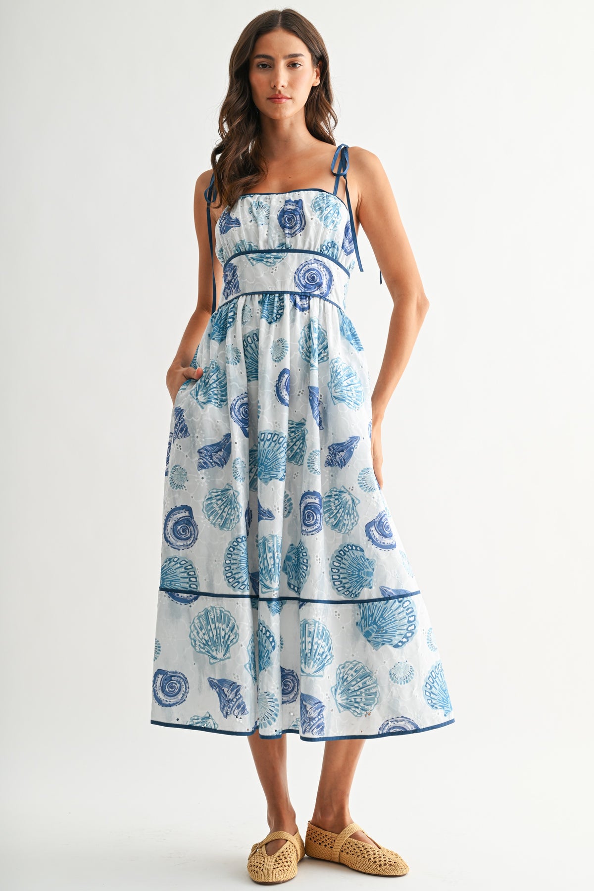 Blue Seashell Print Midi Dress